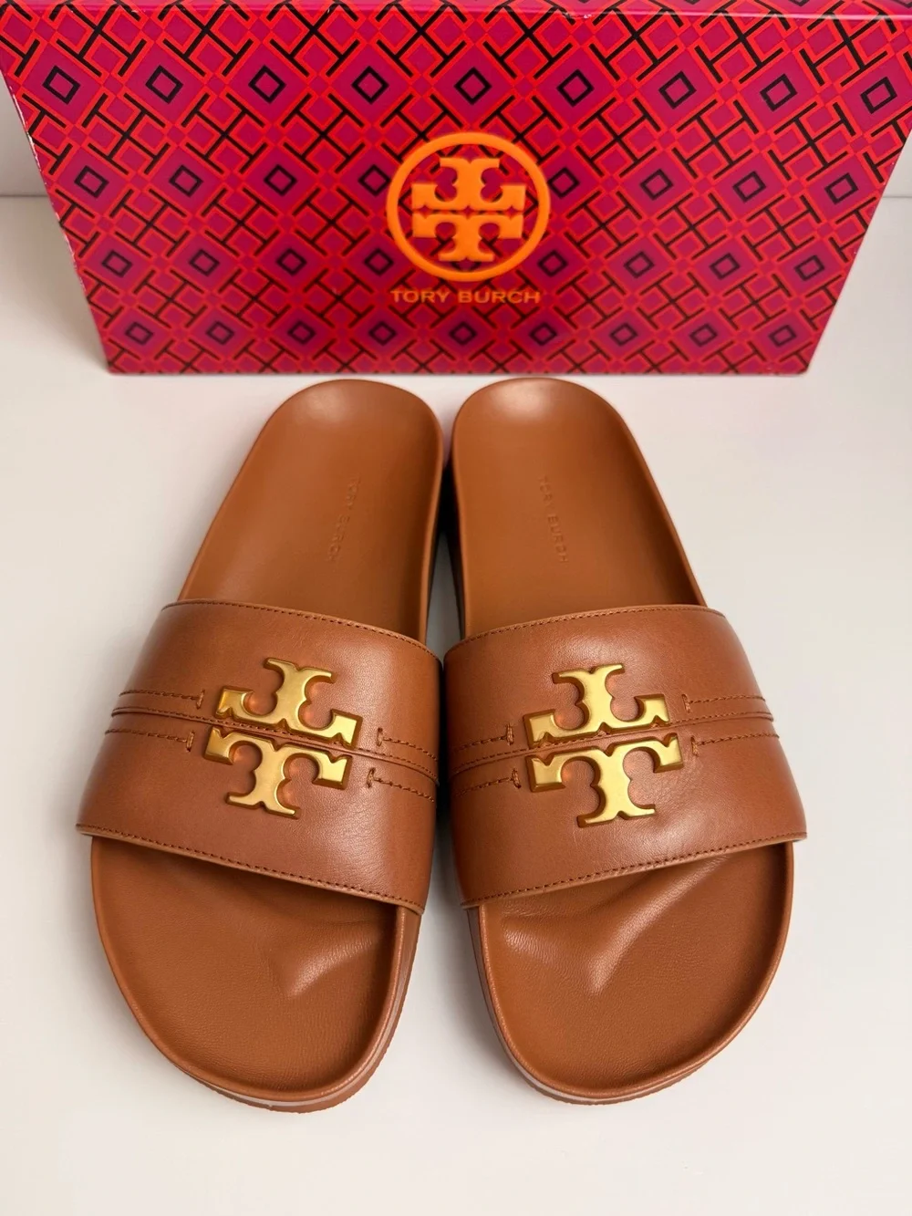 Tory Burch Everly Anatomic Cloud Slide Sandals Ambra Brown Leather Gold Logo 8